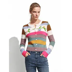 URBAN REVIVO Women's Knitting Top - 2026 Casual Long-Sleeve Clothes, Wool-Acrylic Blend Fabric, Multi-Color Contrast Floral Applique, Standard Sizes, UYL950211