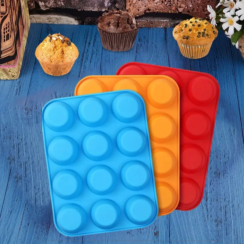 3pcs Nonstick Silicone Muffin Cup Pans - 12-Cavity Non-Toxic Flexible Baking Pan Set, Oven-Safe Home Baking Supplies, Silicone Cupcake Mold, Kitchen Accessories