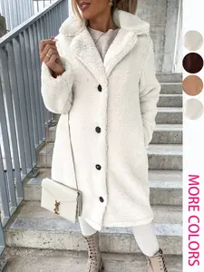Women's Faux Fur Long Sleeve Lapel Coat, Plush Lined Overcoat, Casual Fashion Outerwear for Fall & Winter, Ladies' Warm Jacket