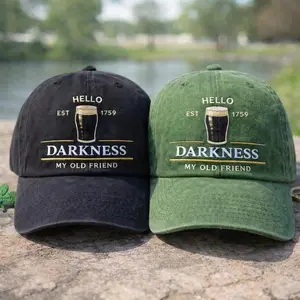 Hello Darkness My Old Friend St Patricks Day Embroidered Wash Hat Irish Shamrock Beer Dad Cap Vintage Black Distressed Funny Drinking Festival Outfit Gift Idea for Men Women