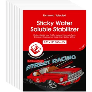 Printable 10 count Sticky Water-Soluble Embroidery Stabilizer Richword Selected Sheets 8.5" x 11" Wash  Embroidery Paper for Hand Embroidery, Topper for  Machine Embroidery