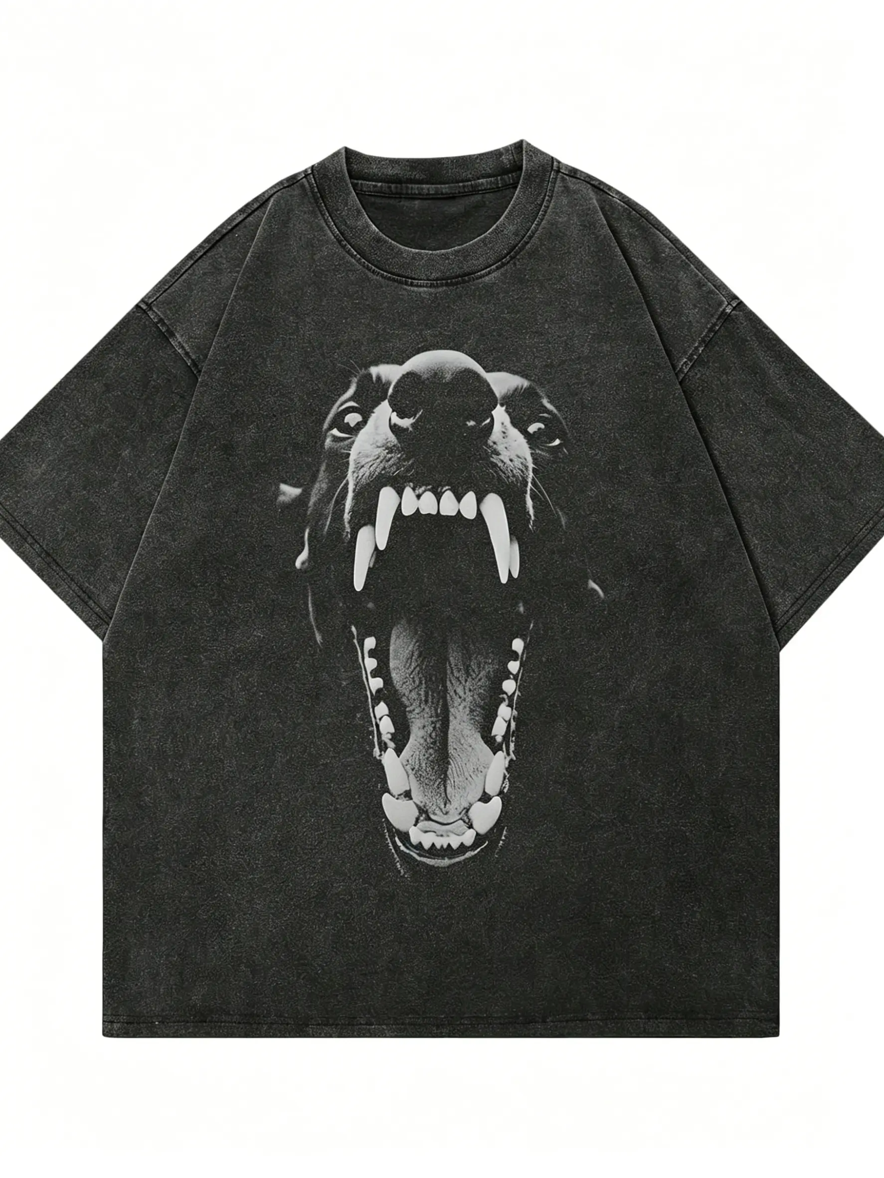Men's Vintage Washed Black Short-Sleeve Distressed Graphic T-Shirt - Heavy-Duty Doberman Print, Relaxed Fit Round Neck, All-Season Streetwear Casual Menswear Tops, Graphic T Shirts, Vintage T-Shirts
