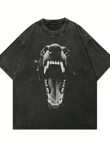 Men's Vintage Washed Black T-Shirt - Heavy-Duty Doberman Graphic Tee, Relaxed Fit Crewneck Shirt for Everyday & Formal Outfits - All-Season Casual Wea y2k,soulja,concert,Halloween,Gothic,Vintage,Streetwear Graphic Y2K Streetwear Graphic Tee
