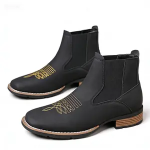 Men's Western Embroidered Chelsea Ankle Boots, Pull-On Elastic Gusset, Cowboy Style Casual Work Boots for American Men