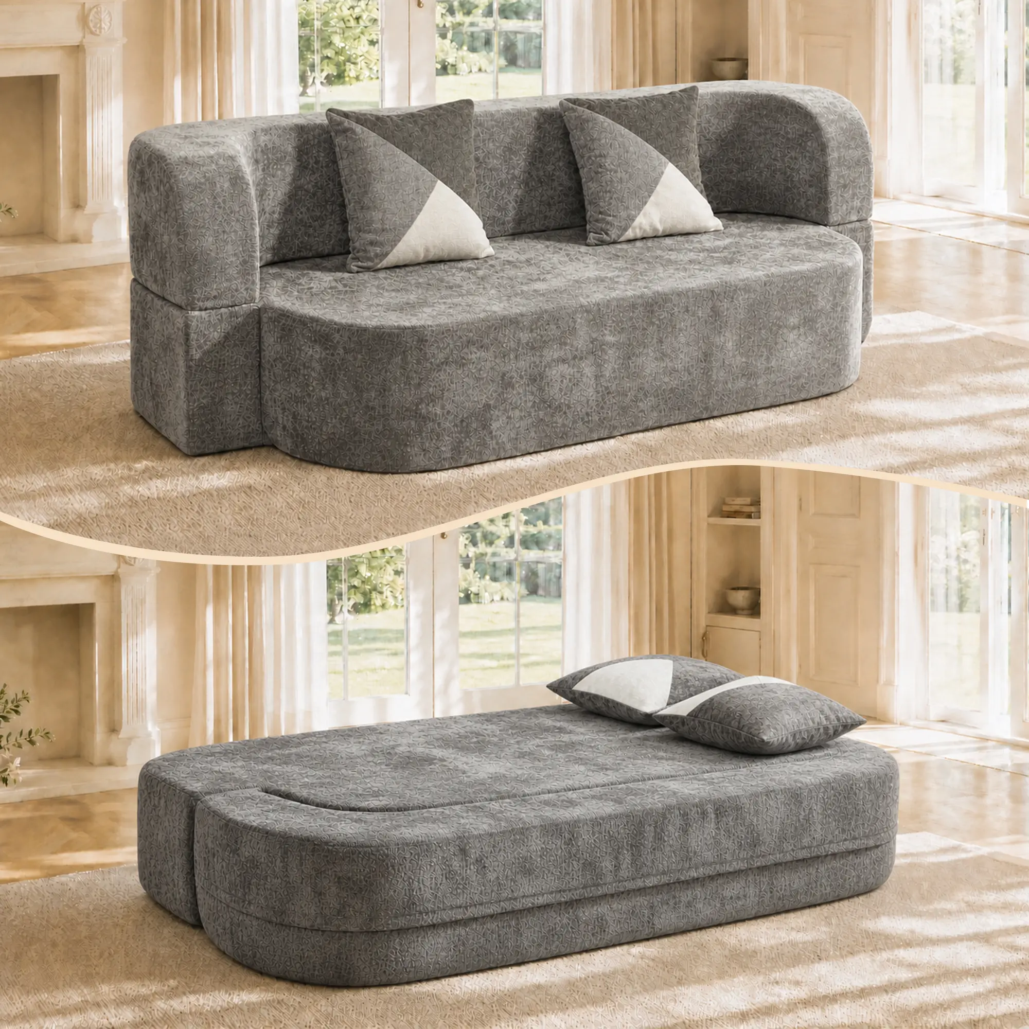 Eggshell Sofa Bed, 78.74" Convertible Boneless Couch with Soft Plush Fabric, 33D High-Density Foam, No Assembly Sleeper Sofa Couch with Pillows for Living Room Bedroom Apartment Home Lounge-SilverGrey/Olive Green/Taupe Beige/Cognac Brown/Charcoal grey