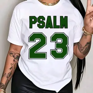 Psalm Women's T-Shirt - White with Green Psalm 23 Print - Comfortable Casual Wear for Everyday Use