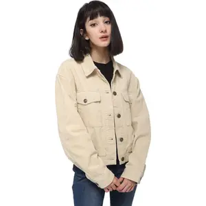 Anna-Kaci Women's Corduroy Collared Long Sleeve Button Down Jacket for Everyday Casaul Wear - Medium, Beige