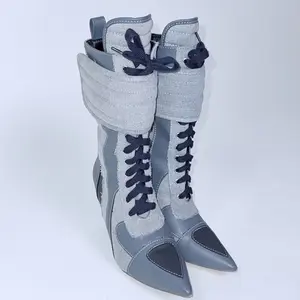 Denim Mid-Calf High Heel Stiletto Bootie