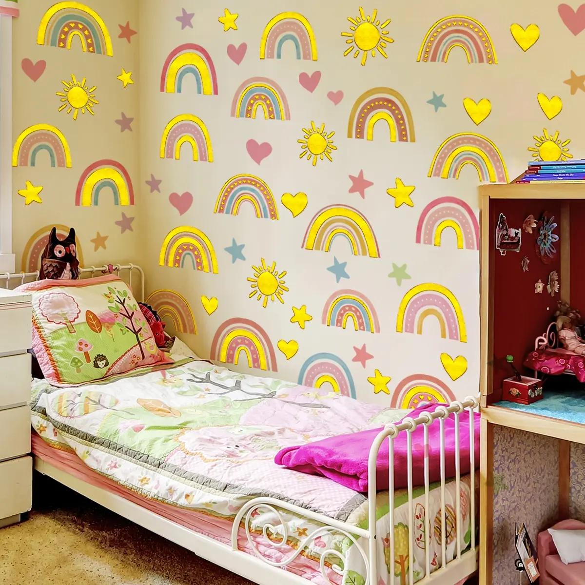 A set (20*20cm*12 pieces) of new hot stamping process rainbow sun and star wall stickers for living room, bedroom, and princess room decoration background wall decals Home Decor Decorative Wall Sticker (TJ13523-KN)
