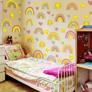 A set (20*20cm*12 pieces) of new hot stamping process rainbow sun and star wall stickers for living room, bedroom, and princess room decoration background wall decals (TJ13523-KN)