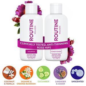 Routine Wellness Anti-Thinning Volumizing Shampoo & Conditioner Travel Set - 3 oz - Biotin & DHT Blockers - Tea Tree, Argan Oil - Mild Haircare