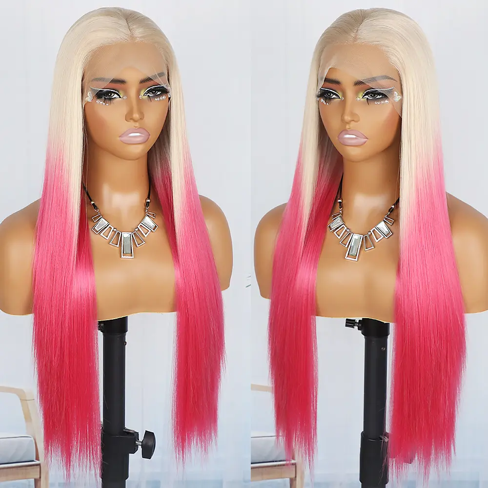 QD-Tizer Ombre Pink Red Wig Women'S Long 28-Inch Rose Pink Straight Synthetic Lace Front Wig - Glueless Natural Looking Hairline, Pre-Plucked, No Glue Needed, Everyday & Party Wig for Halloween, Christmas