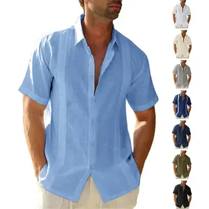 Men's short sleeved Cuban camp shirt linen cotton hippie beach button up shirt wedding dress casual