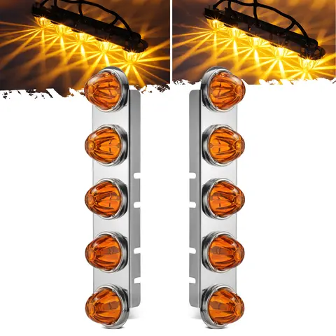 Partsam 1 Pair Radius Style 21.5" Front Air Cleaner Light Bar with 5Pcs Glass Watermelon Lights, Stainless Steel Bracket, Compatible with Peterbilt Kenworth Freightliner