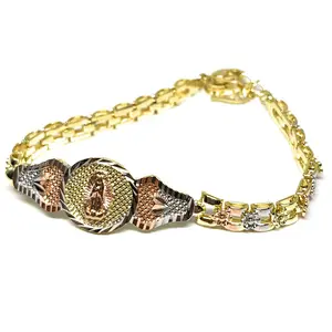 Gold Plated Tri-Color Virgin Mary Bracelet Virgen De Guadalupe Pulsera Tres Colores Oro Laminado 8"