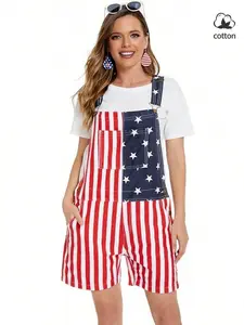 Lightweight Women's Flag Print Overalls Shorts, Patriotic Star & Stripe Pattern, Casual Summer Party Wear, Couple Style, Streetwear, Independence Day