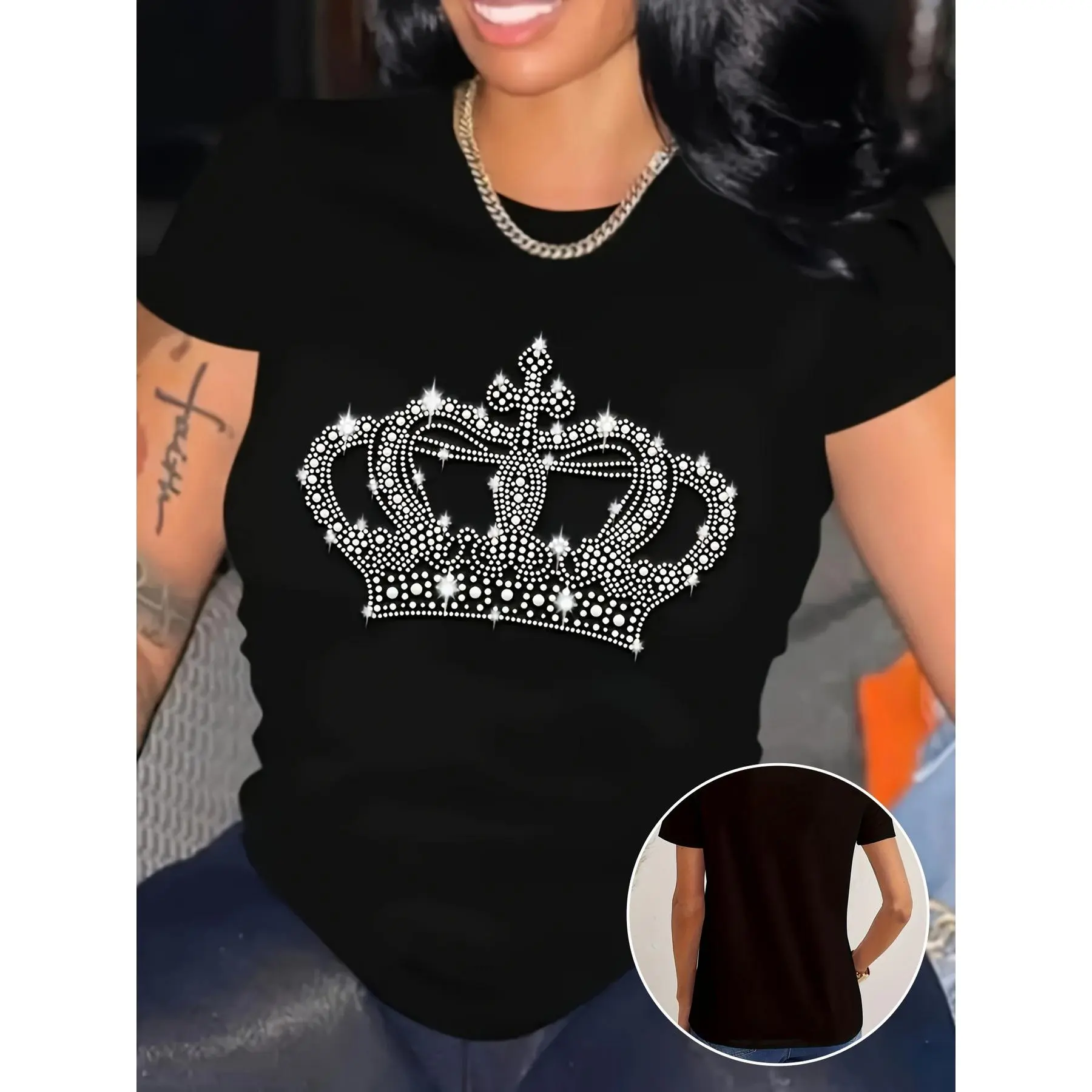 Women's Black Cotton Crewneck Short Sleeve 180g T-Shirt with Rhinestone Crown Print, Elegant Glitter Graphic Tee Top, Casual Sparkle Design for Everyday Wear