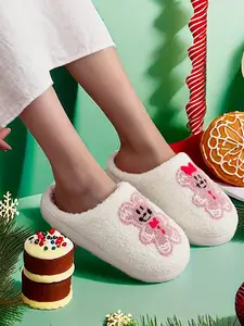 Women's Cute Cartoon Cookie Embroidered Plush Slippers, Casual Soft Comfortable Home Slippers, Warm Slippers for Indoor & Outdoor Use for All Seasons