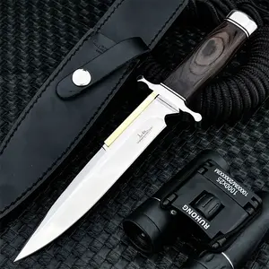 Exquisite high-hardness sheathed fixed blade knife with D2 steel blade inlaid with brass, ebony wood + stainless steel handle. The perfect gift choice, a practical and durable tool for outdoor camping, hiking, and fishing.