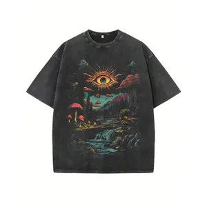 Unisex Washed Cotton Short Sleeve T-Shirt, Vintage Pattern Print, Casual Fashion, Comfortable and Stylish, Perfect for Daily Wear