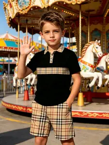 Summer Casual Set, Boy Plaid Collar Polo Shirt + Shorts Two-Piece, Comfortable and Stylish Kids Clothing