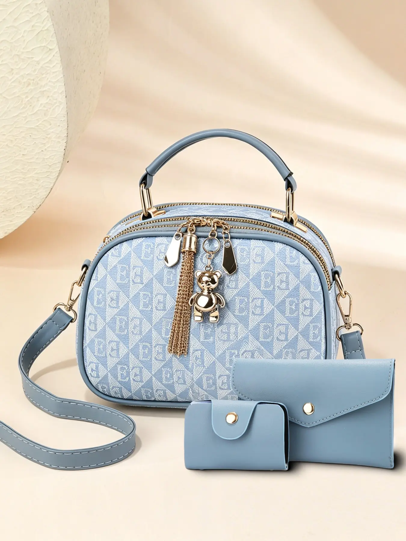 Women's Fashion Satchel Set, PU Material, Geometric Pattern, Casual Style, All Seasons, Bear Pendant, Versatile Bag, Fashionable Patterned Bag, Crossbody Shoulder Bag