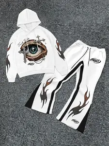 Men's Letter Graphic Knit Hoodie Set with Drawstring Hood and Pants, Unique Art Print, Casual Comfortable for Outdoor Relaxing