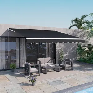 12' x 10' Electric Retractable Awning Sun Shade Shelter with Remote Controller & Crank Handle for Deck Black 270gsm PU-coated Polyester Fabric UV Protection