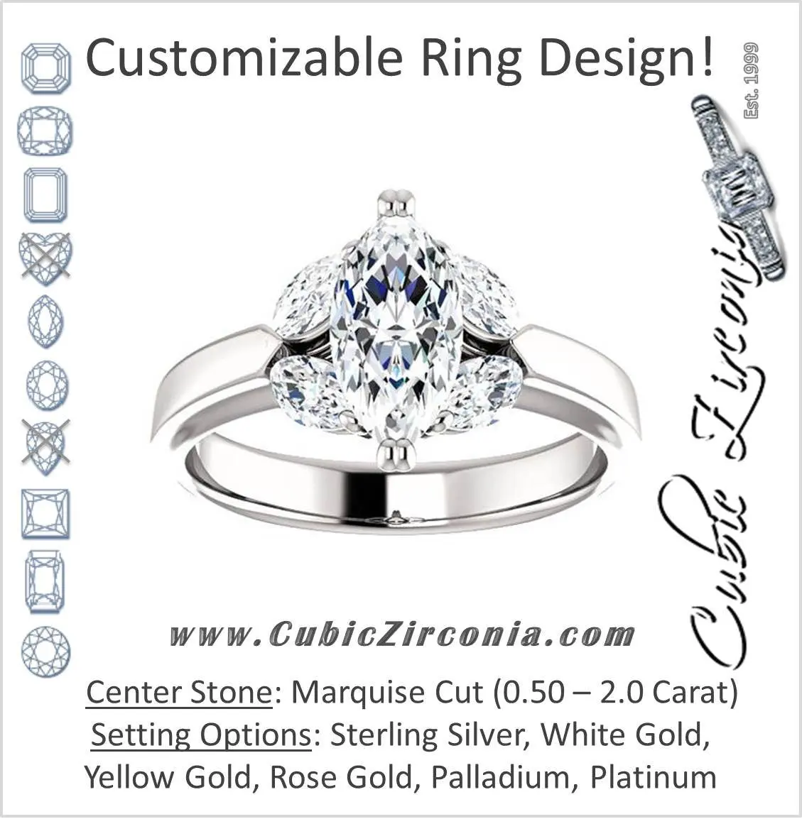 Cubic Zirconia Engagement Ring- The Melitza (Customizable Marquise Cut 5-stone with Marquise Accents)