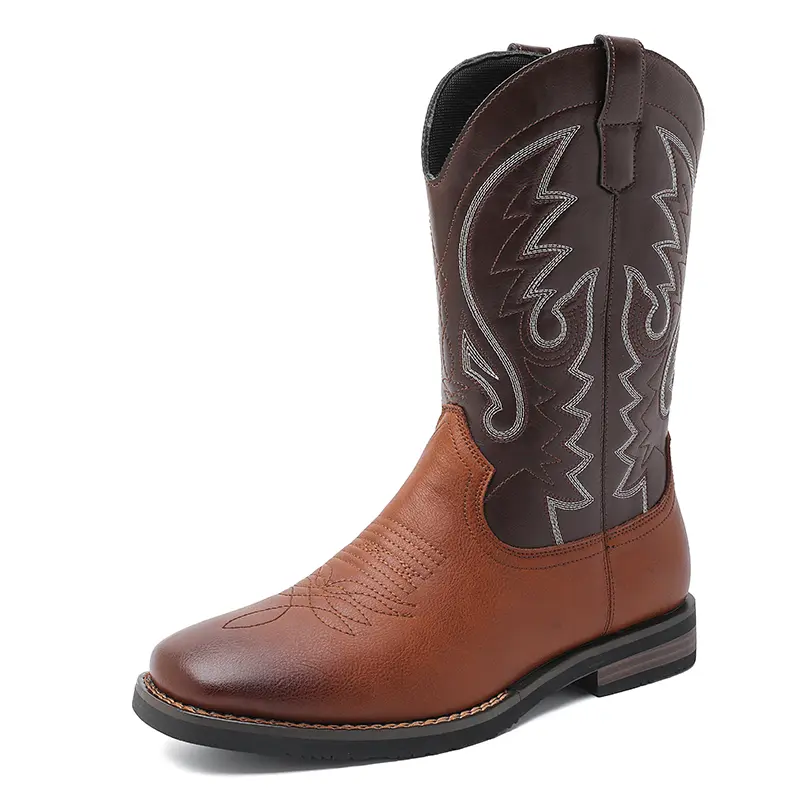 Classic men’s Western cowboy boots with embroidery, pull-on design, mid-height shaft, square toe, and chunky heel—retro country style footwear suitable for all-day wear.