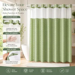 Green Hookless Shower Curtain with Snap-In Liner, Tufted Cotton Fabric, Waterproof & Washable, Removable White Outer Layer, Boho Style with Mesh Top Window, for Bathroom & Hotel, 71 × 74 in