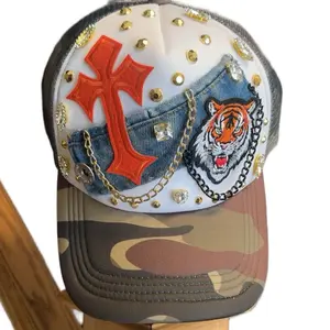 Camo Junk Hat with Tiger Patch and Jewels - Stylish Camouflage Design Featuring Gold Studs and Chain Accents