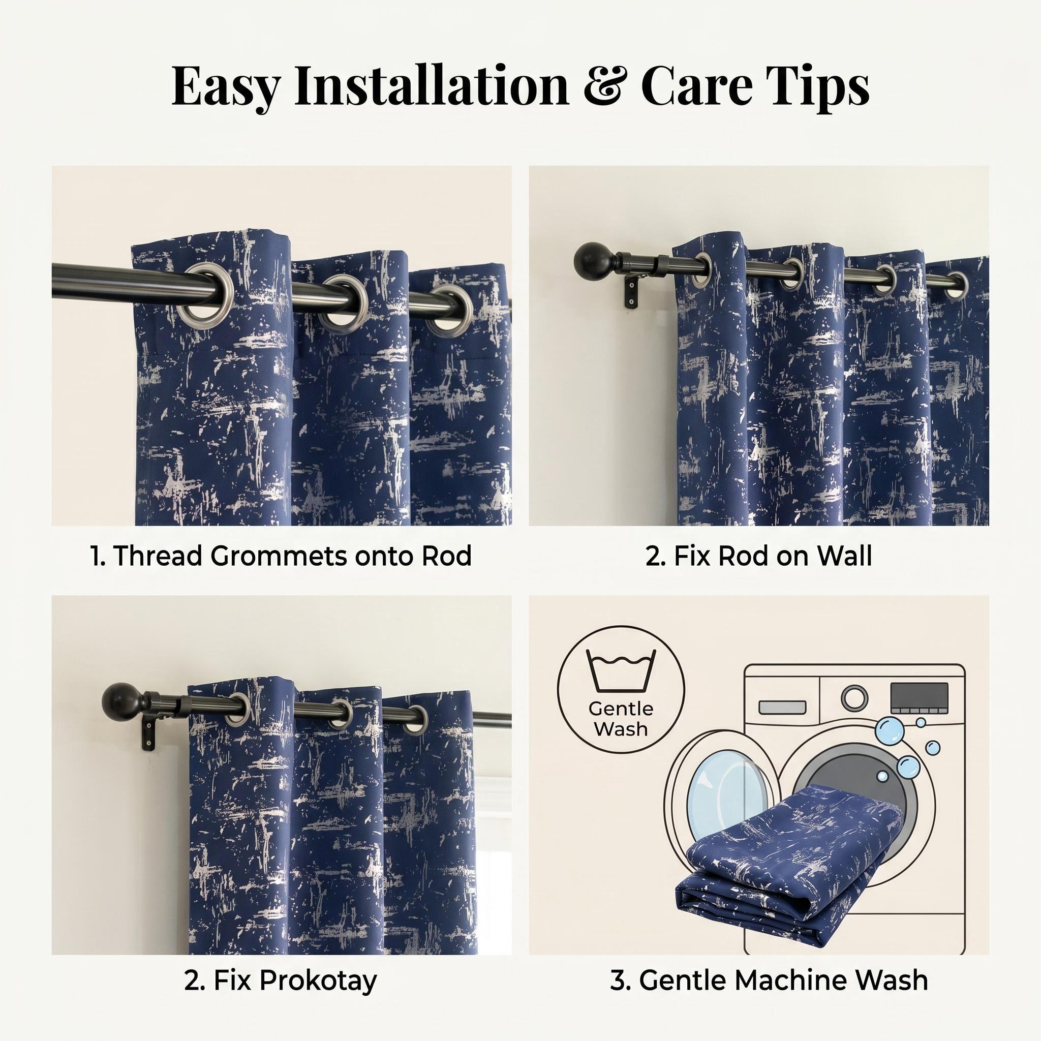 4-Panel 52"x84" Grommet Curtains Combo (2 Solid Blackout + 2 Foil Metallic Printed), Thermal Insulated Noise-Reducing Window Drapes, Room Darkening for Bedroom Living Room, Machine Washable QF222 & QF639, Blackout Curtains