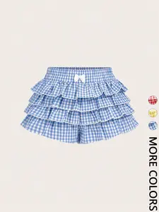 Women's Gingham Bow Tie Short Pants, Casual Low-Waist Elastic Design, Fitted Tiered Layers Ruffle, Blue &, Daily Wear