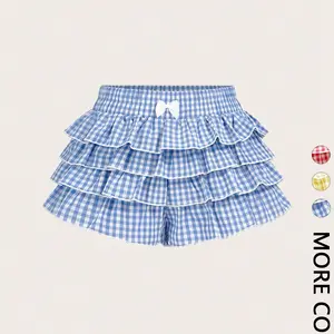 Women's Gingham Bow Tie Short Pants, Casual Low-Waist Elastic Design, Fitted Tiered Layers Ruffle, Blue &, Daily Wear