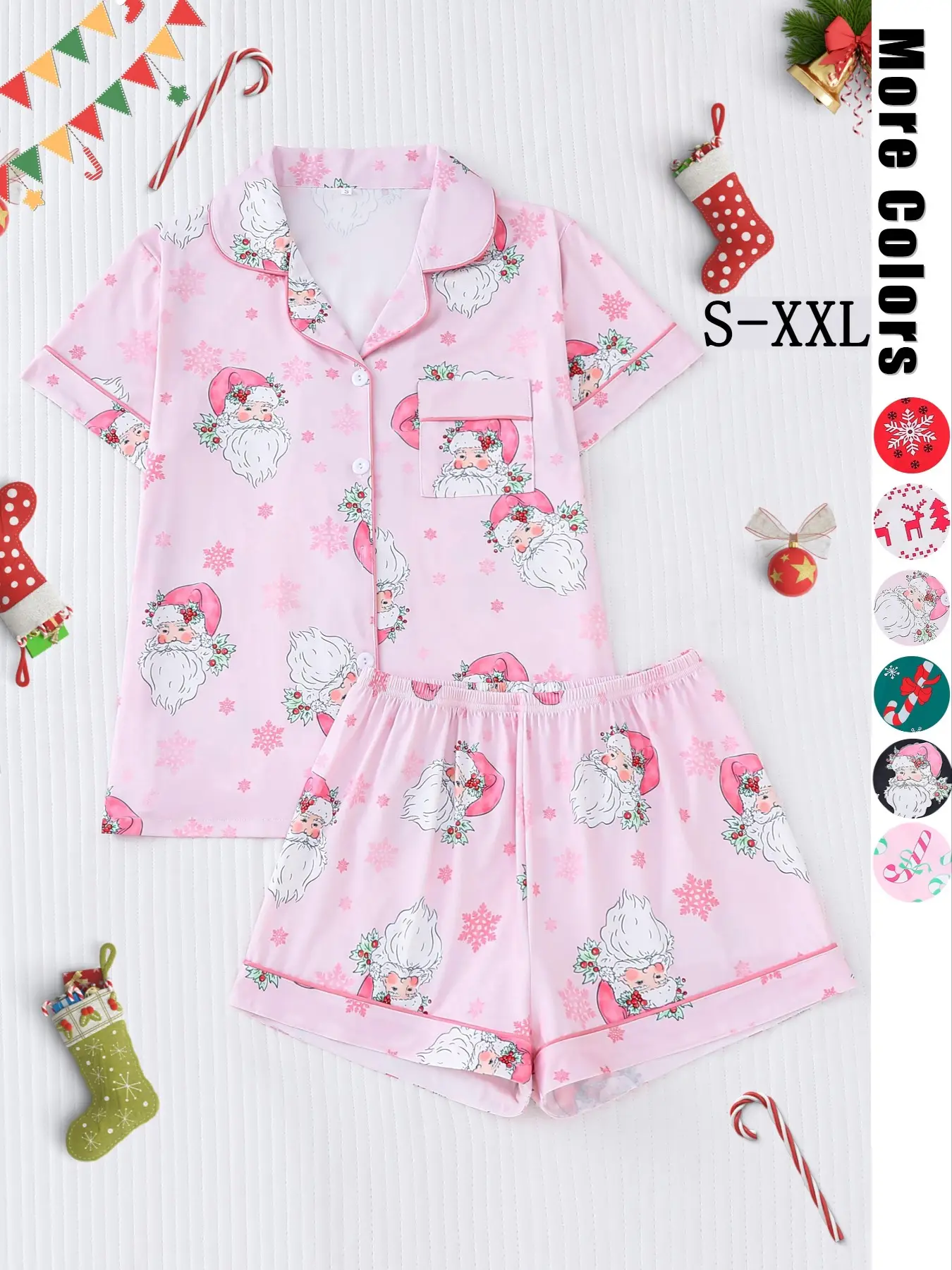 【Christmas】Women's Christmas Pajama Set, Soft Fabric, Santa & Reindeer Print, Button Front Shirt, Elastic Shorts, Holiday Party Sleepwear
