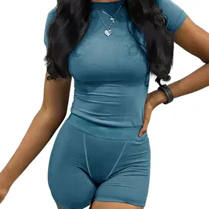 Women's Two Piece Summer Outfit in Turquoise with Crop Top and Biker Shorts - Breathable School Sportswear Yoga Clothes Sweatpants Athletic Workout