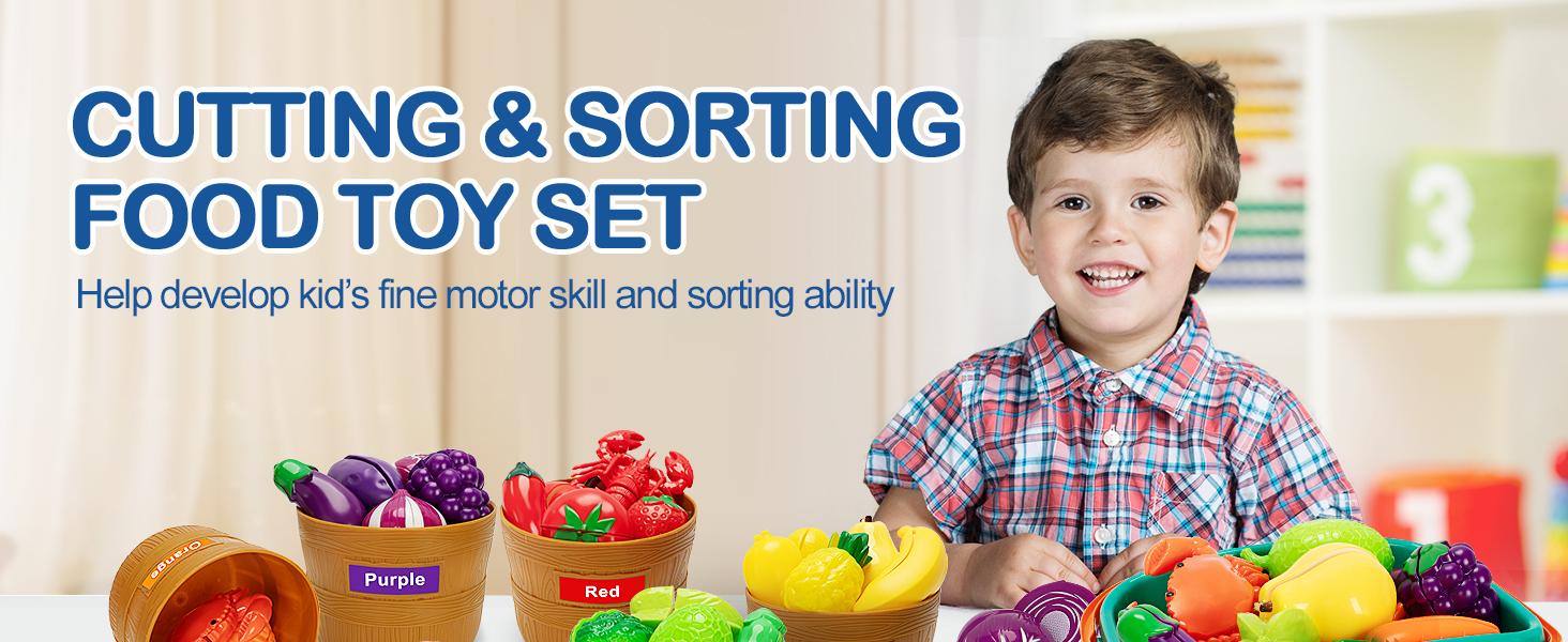 Play Food Set for Kids Kitchen- 68 Pcs Kitchen Food Toy for Toddlers, Cutting & Color Sorting Fake Food/ Fruit/ Vegetable Accessories, Birthday Gifts for 3 4 5 Years Old Boys Girls
