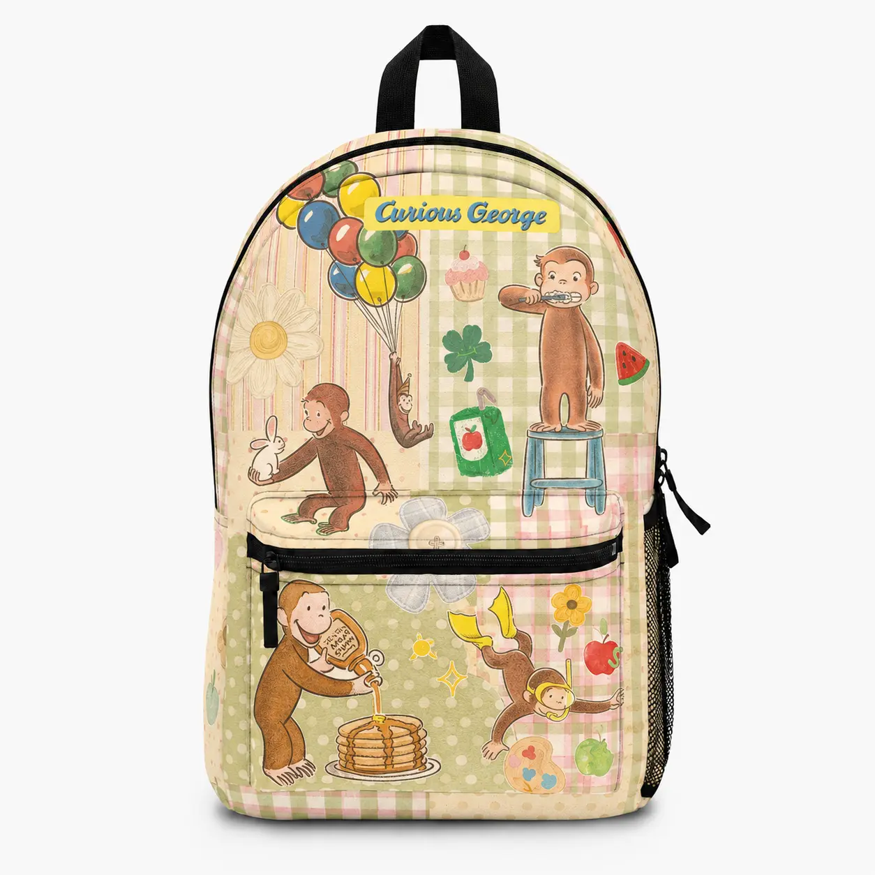 Cute Curious George Backpack, Vintage Cartoon School Bag, Cute Backpack, Colorful Plaid Book Bag, Fun Character Backpack