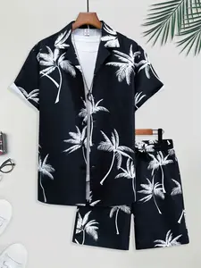 Black White Palm Tree Hawaiian Shirt and Shorts Set Men Women Loose Fit Tropical Matching Outfit Summer Beach Vacation Aloha Two Piece Casual Streetwear Gift