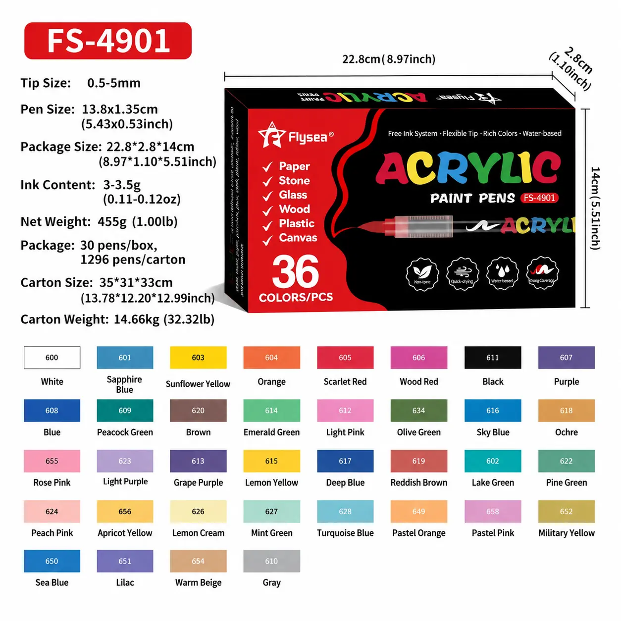 Flysea 36-Color Leak-Proof Acrylic Markers Art Set - Coded Caps, High-Capacity, Waterproof Ink, Smooth-Flow Pens, Professional Office Stationery for Bullet Journal Lovers, Mark