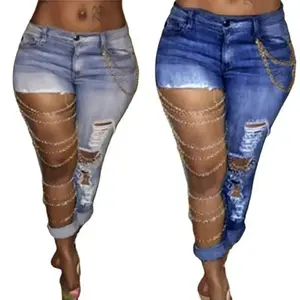 Fashion high waist layered jeans for women, mid-rise exaggerated ripped skinny pencil pants trousers y2k jeans Blue Denim