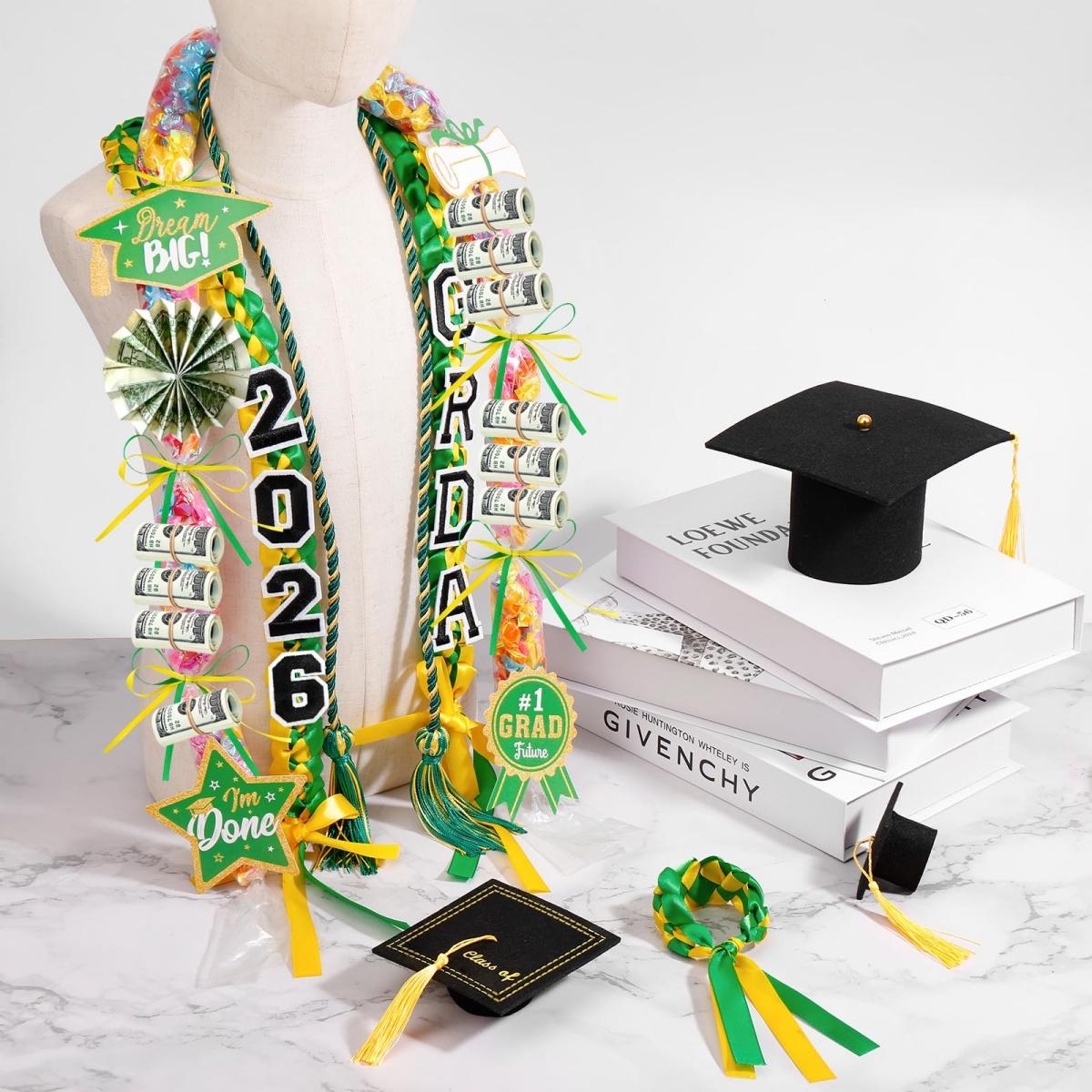 ONERIR 2026 Graduation Leis 18 Pcs - Vibrant Yellow Green Double Ribbon Youthful Class of 2026 Graduation Candy Lei Set Unisex Graduation Party Decorations Gift