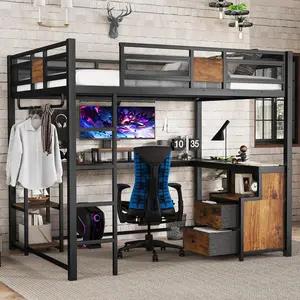 Queen Loft Bed with Desk and Storage Non-woven Fabric Drawers, Heavy-Duty Metal Loft Bed Frame with Ladders, Nosie-free and No Spring Box Needed, Black