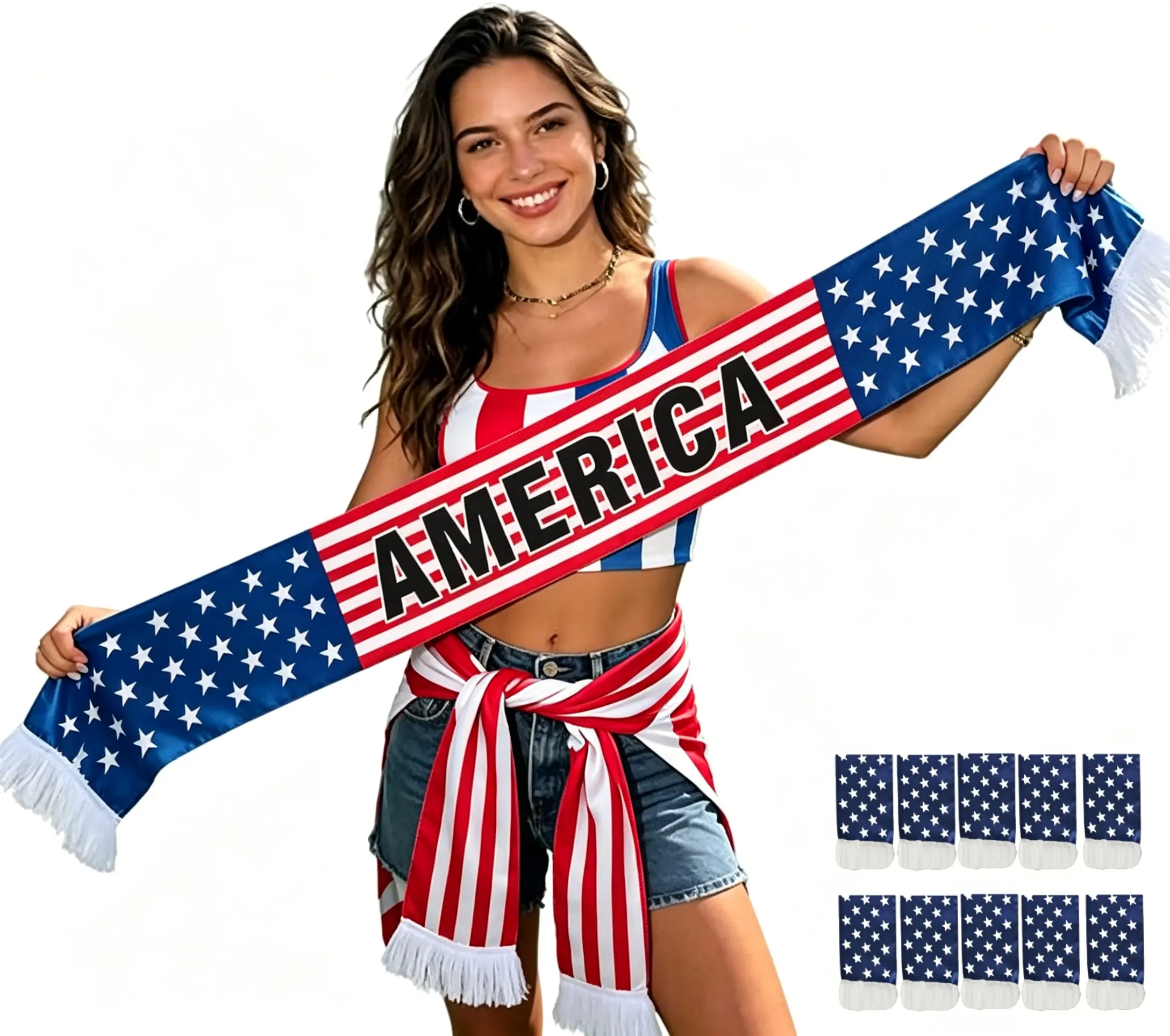 10-Pack American Soccer Fan Scarves, National Team Colors, Double-Sided Flag Print, Fringe Edges, Satin Lightweight Long Length, 6.3×59 Inches, Ideal for Game Day & Party (Festive & Party Accessory)
