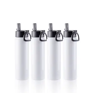 22 OZ Sublimation Water Bottles White With Wide Mouth Handle Cap And Straw 4 Pack