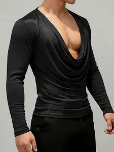 INCERUN Men T Shirt Satin Patchwork Long Sleeve Casual Male Tee Tops Streetwear Pleated Fashion Party Leisure Men Clothing Plain