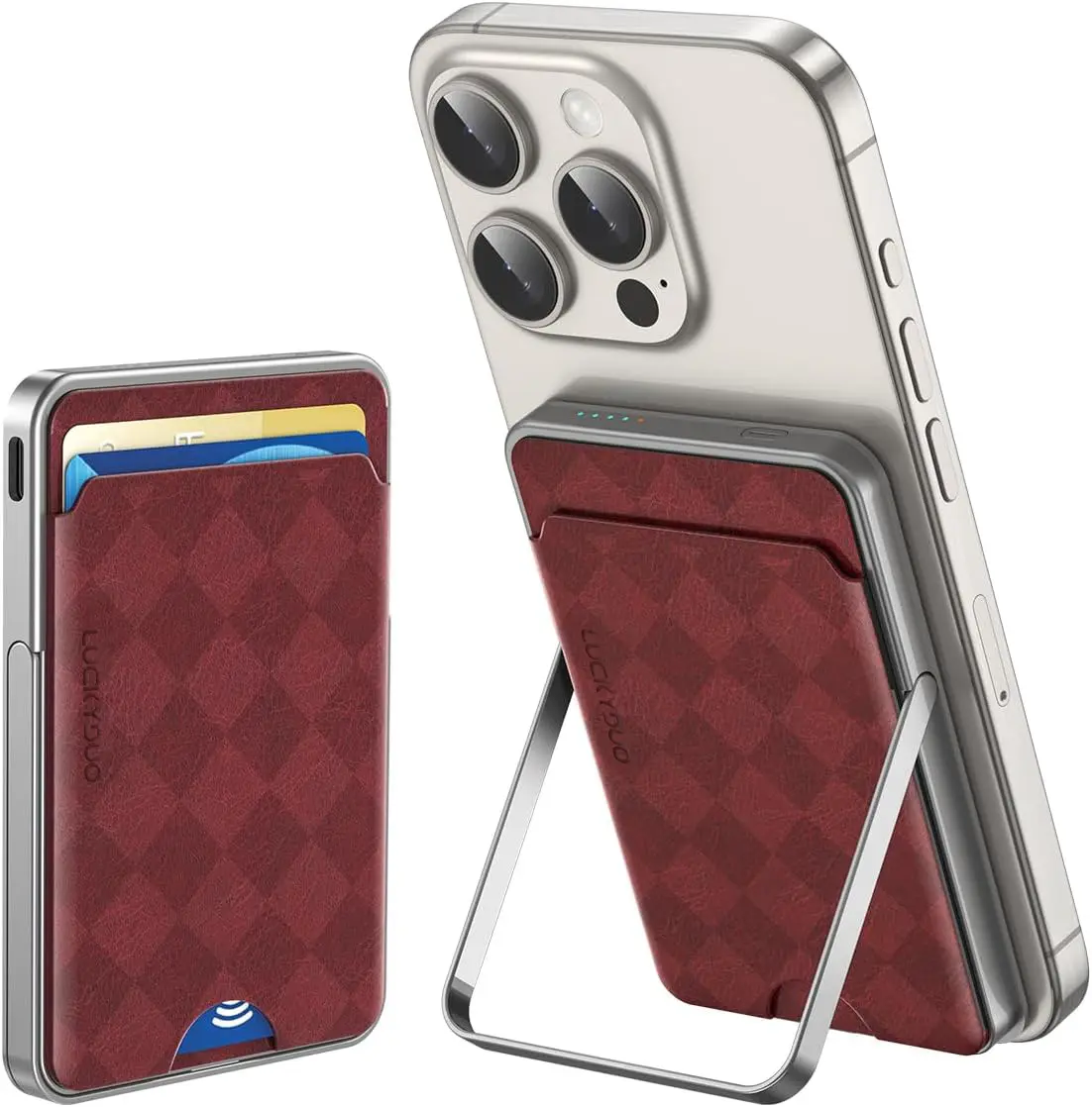 LUCKYDUO Wireless Portable Charger with Wallet/Stand 5,000 mAh,Ultra Slim Magnetic Battery Pack with Phone Holder,Compact Magnetic Power Bank Compatible with iPhone 17/16/15/14/13