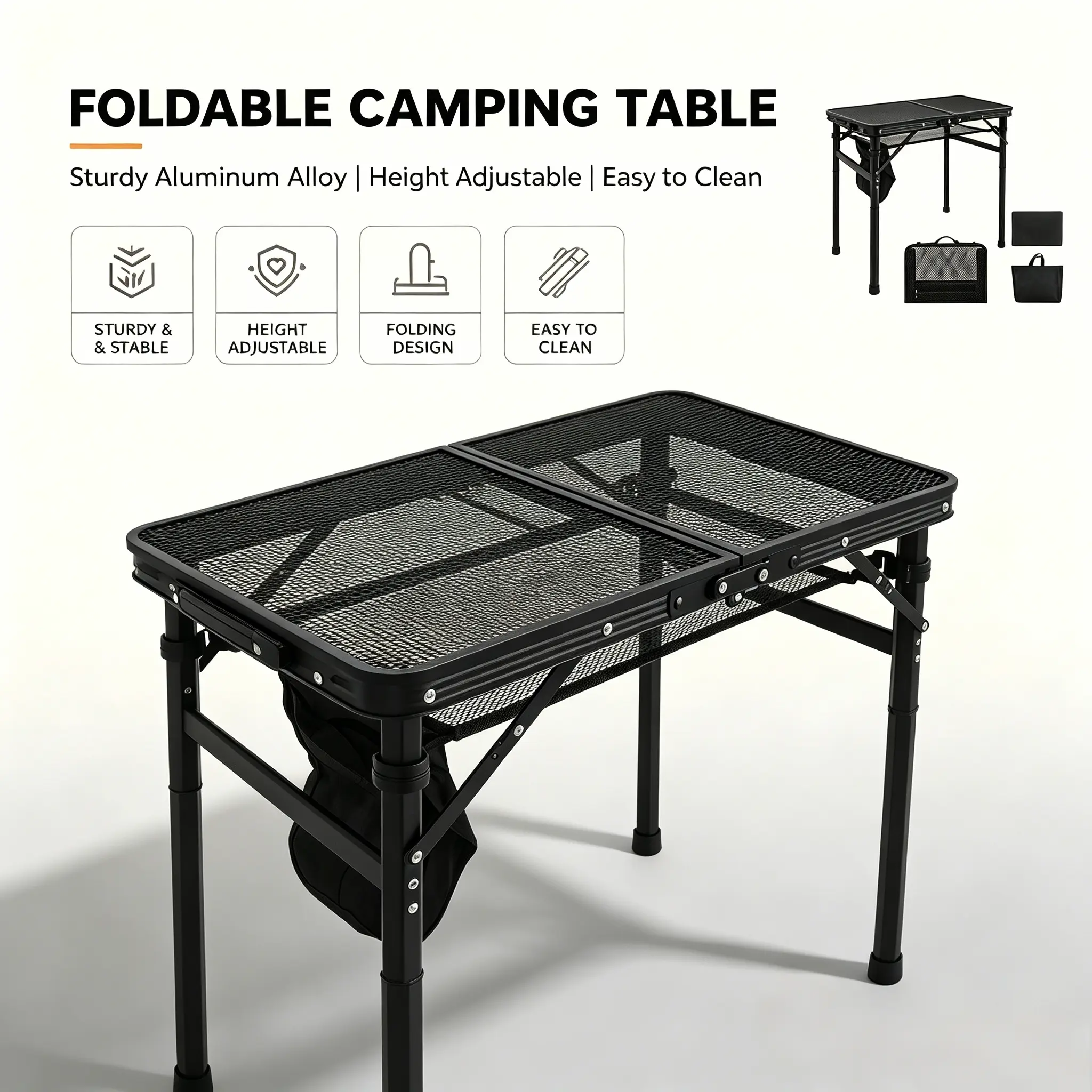 Foldable Camping Table with Mesh Desktop - Lightweight Portable Outdoor Grill Table & Heavy Duty Small Picnic BBQ Side Table