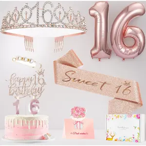 Sweet 16 Birthday Party Decorations for Girls – Complete Set with Sash, Tiara, Cake Toppers, Number Candles & Balloons. Perfect 16th Birthday Gifts for Teen Girls. Pink & Shiny.